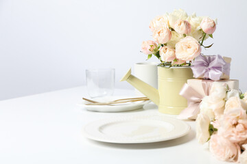 Concept of spring season table setting, space for text