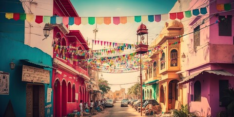Brightly decorated streets and buildings with colorful banners adorning neighborhood in honor of Holi, concept of Vibrant Festivities and Cultural Celebration, created with Generative AI technology
