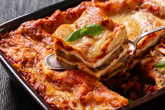 portion of Lasagna in baking dish, top view