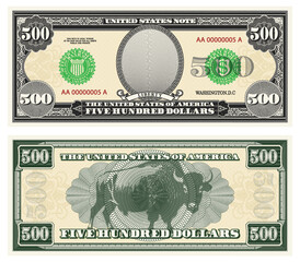 Vector gray banknote obverse and green reverse. Denomination five hundred US dollars. Empty oval, buffalo and guilloche frame. American paper fiction money.