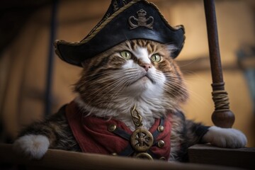 Cat dressed as a captain of a pirate ship, Generative AI