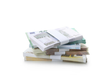 Euro money isolated on white background, close up