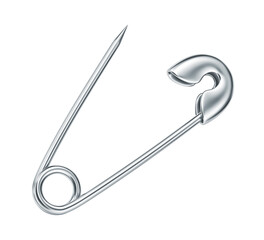 Silver safety pin isolated on white. Clipping path included - obrazy, fototapety, plakaty