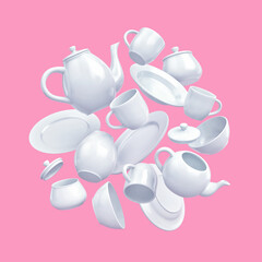 White porcelain dishes isolated on pink background