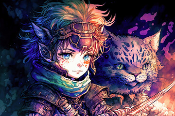 Cute girl and tiger in heroic fantasy style art screen background