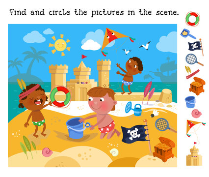 Find and circle objects. Educational puzzle game for children. Cute children near sea. Boy flying kite on beach in summer. Cartoon character and sand castle. Vector illustration.