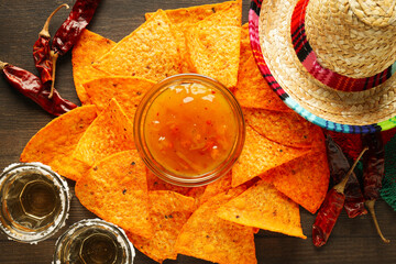 Concept of Mexico food, Tortilla and tequila, top view