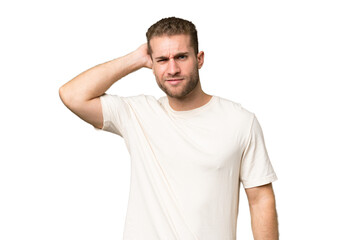 Fototapeta premium Young handsome caucasian man isolated on green chroma background having doubts