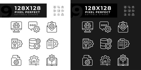 Technical configuration pixel perfect linear icons set for dark, light mode. Computer and smartphone settings. Thin line symbols for night, day theme. Isolated illustrations. Editable stroke