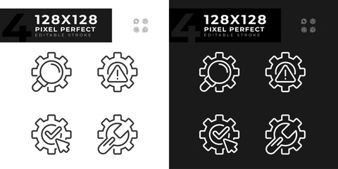 System changes pixel perfect linear icons set for dark, light mode. Extended search. Complete and save changes. Thin line symbols for night, day theme. Isolated illustrations. Editable stroke
