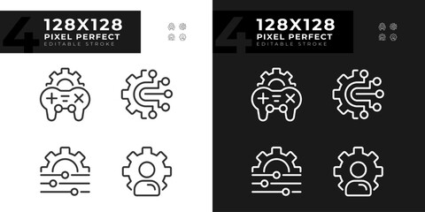 Obraz na płótnie Canvas Personal settings pixel perfect linear icons set for dark, light mode. Game customization. Account changes. Thin line symbols for night, day theme. Isolated illustrations. Editable stroke