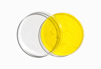 Potassium Chromate powder in Petri dish with plastic lid on white laboratory table. The most commonly used chemical in the immersion bath phase by which the coating is applied.