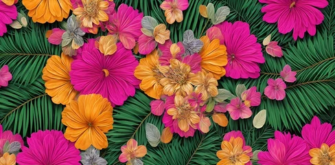 Tuinposter Banner frame background with beautiful. background for design. Colorful background with tropical plants. Place for your text space. Generate AI © Erwin