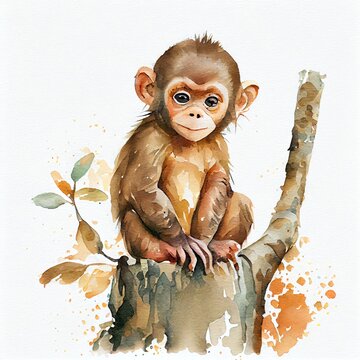 Watercolor illustration of a cute baby monkey