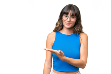 Young caucasian woman over isolated background presenting an idea while looking smiling towards