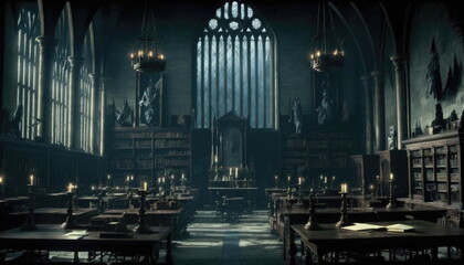 Old castle school witchcraft wizardry dining hall wizard dark interior fantasy background in dramatic gothic scene style magic creepy background. AI generative.