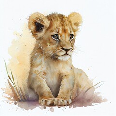Watercolor portrait of a cute baby lion - obrazy, fototapety, plakaty
