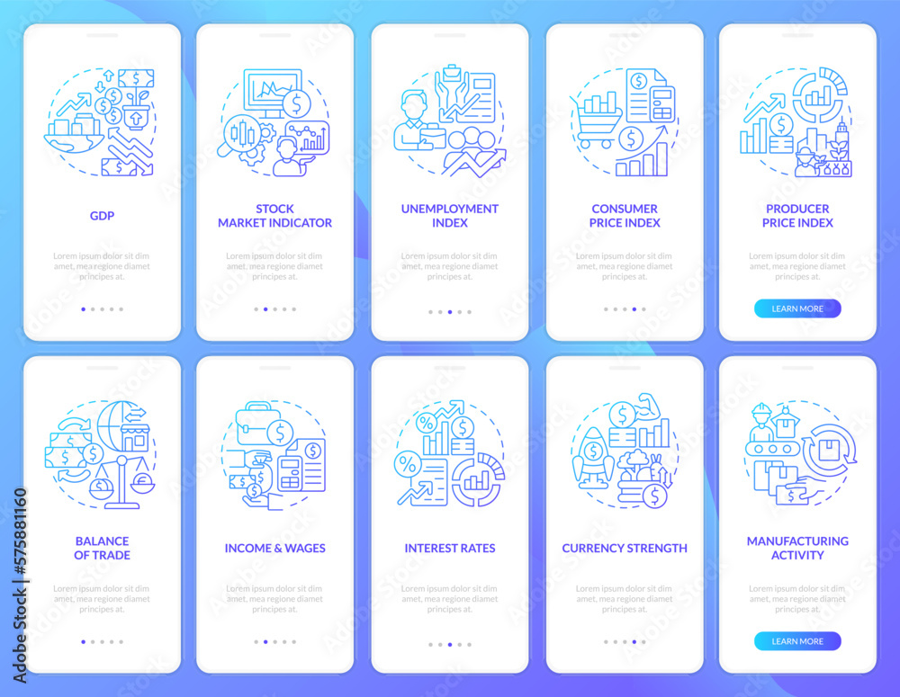 Wall mural economic indicators examples blue gradient onboarding mobile app screens set. walkthrough 5 steps gr