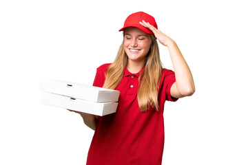 Young caucasian pizza delivery woman with work uniform picking up pizza boxes over isolated background smiling a lot