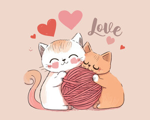 Couple of cute cats in love. with heart shape lettering I love you. Vector hand drawn illustration for romantic prints,
