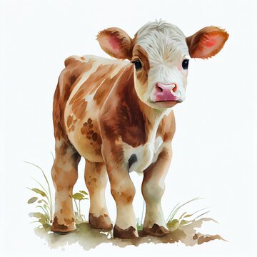 Portrait of a cute calf, watercolor illustration