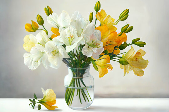 Spring freesias in the vase. AI generativ.