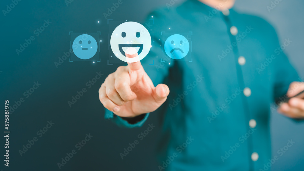Aufkleber man touching the virtual screen on the happy smiley face icon to give satisfaction in service. ratin