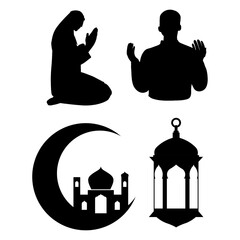 Set of ramadhan. Islamic holidays. Silhouette of praying man, moon and lantern for ramadhan design. Vector illustration