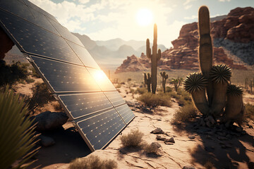 solar panels farm in the desert. AI generativ