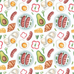 Seamless pattern with sausages, scrambled eggs, avocado, cheese and croissant on a white background. Watercolor illustration. Breakfast. Food. Print on fabric and paper. Art. Design. Wallpaper. 