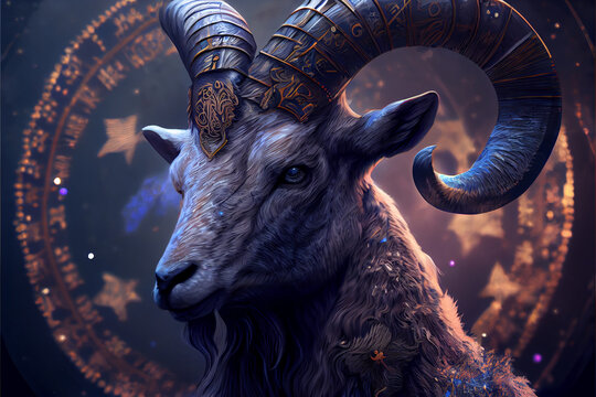 Capricorn zodiac sign astrological background. The goat horned horoscope sign. Astrology theme. High quality illustration.