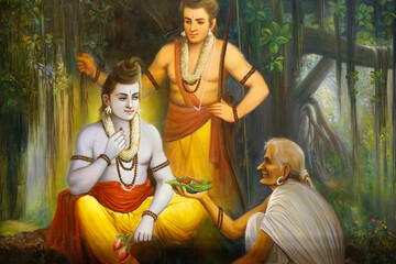 Jalaram Prathna hindu temple, Leicester. Fresco. Rama meeting Shabari who offers food to Ramacandra. United kingdom. - obrazy, fototapety, plakaty