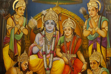 Jalaram Prathna hindu temple, Leicester. Fresco.  Ram, Sita with Lakshman to Ram's right and Hanuman kneeling, and devotees  United kingdom. - obrazy, fototapety, plakaty