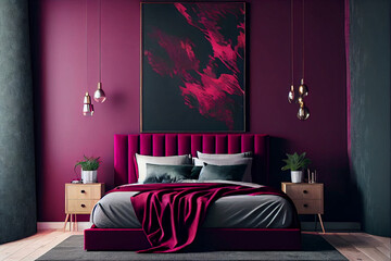 Bedroom in viva magenta and dark burgundy colours interior design. Bedside table . Bright bedroom. Pantone. Modern bedroom interior design. Home design concept. High quality illustration. 