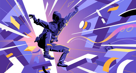 A boy jumping into a metaverse. He is surrounded by dynamic polygons, futuristic architectures and crypto symbols that swirl around him. 