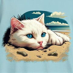 cats with fur in various poses standing on the beach or eating ice cream or pizza, generated with AI