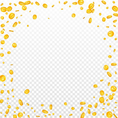 American dollar coins falling. Scattered gold USD