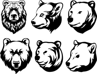 Head of bear. Abstract character illustration variant set. Graphic logo design template for emblem. Image of portrait.