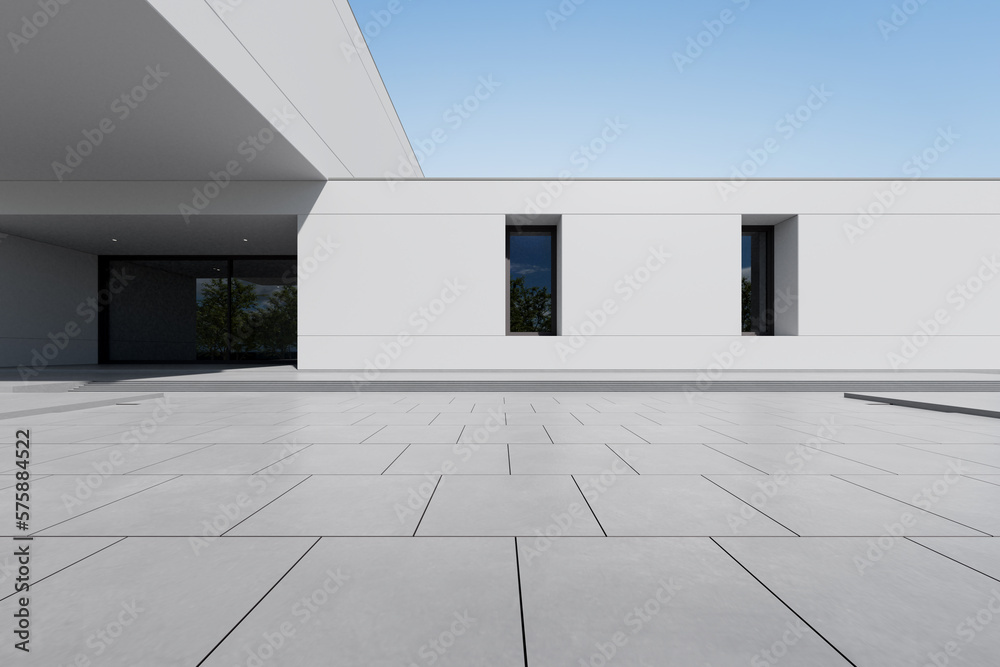 Aufkleber 3d render of modern architecture with empty concrete floor, car presentation background.