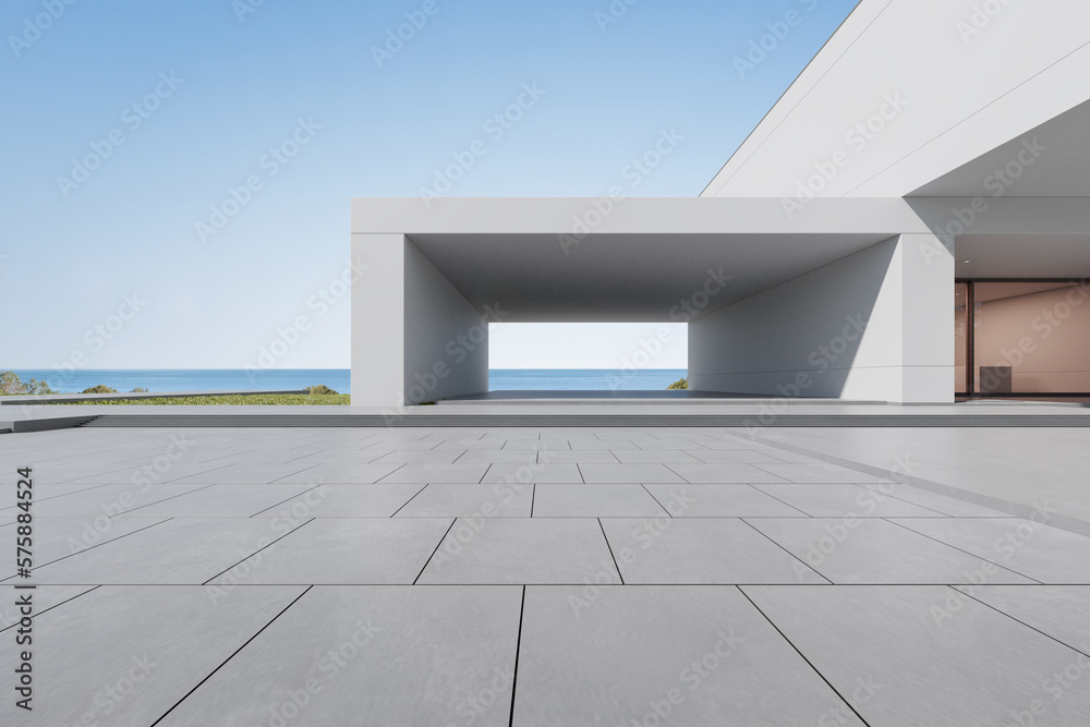 Fototapete 3d render of modern architecture with empty concrete floor, car presentation background.