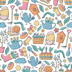 Spring seamless pattern with hand drawn doodles, cartoon elements. Good for nursery textile prints, wallpaper, scrapbooking, wrapping paper, backgrounds, etc. EPS 10