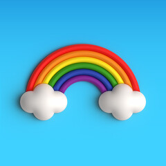 3d Rainbow with Clouds on blue background