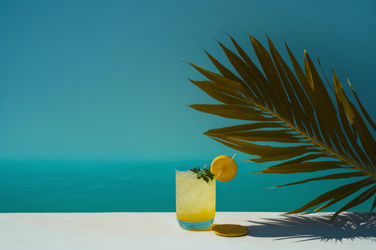 Banner. Lemonade on blue sea background close up. Summer drinks and vacation concept. Sunny day shadows, copy space AI Generation