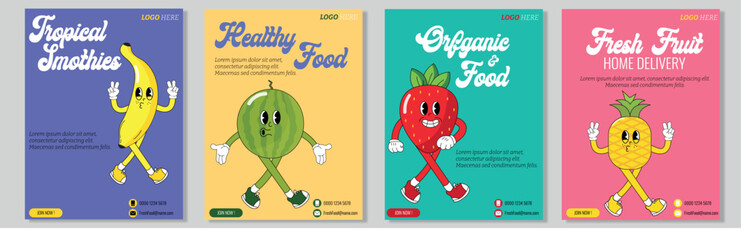 Banana, watermelon, strawberry, pineapple. Cute groovy cartoon characters with hands, legs, eyes. Bright comic style. Hand drawn. Vector illustration