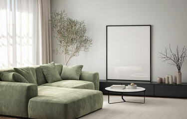 Mockup poster frame on the wall of living room. Luxurious apartment background with contemporary design. Modern interior design. 3D render, 3D illustration.