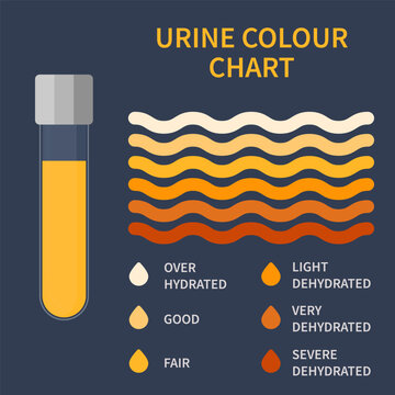 Urine colour chart. Hydration and dehydration level diagram. Medical urinal test kit for urinary tract infection research. Containers with yellow to brown pee for urinalysis. Vector illustration.