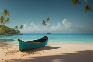 Fototapeta na wymiar Canoe on the tropical sandy beach. Beautiful summer landscape of tropical island with boat in ocean. Transition of sandy beach into turquoise water. Travel and vacation concept. Generative AI