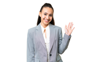 Young Arabian woman over isolated chroma key background saluting with hand with happy expression