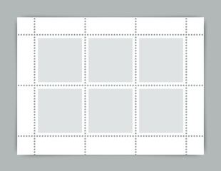 Postal stickers set. Sale coupons template with perforated borders. Empty post stamp collection. Paper postmarks for mail letter. Postage stamps. Vector illustration.