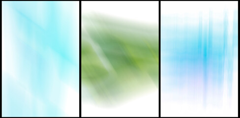 Abstract green-blue watercolor background of straight lines to advertise cosmetic products. Gradient, banner, set of 3 vertical images.
